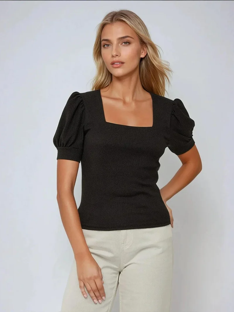 HICCUP Square Neck Textured Fitted Blouse