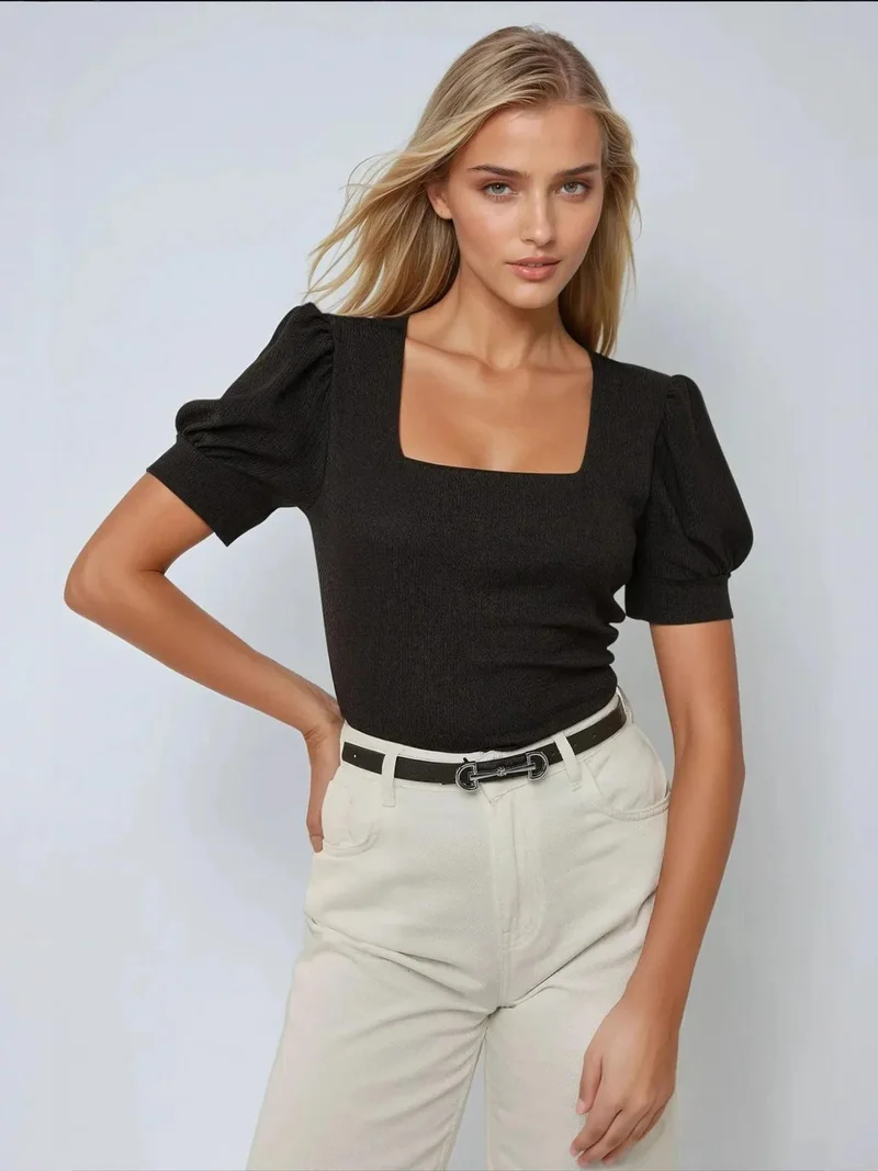 HICCUP Square Neck Textured Fitted Blouse
