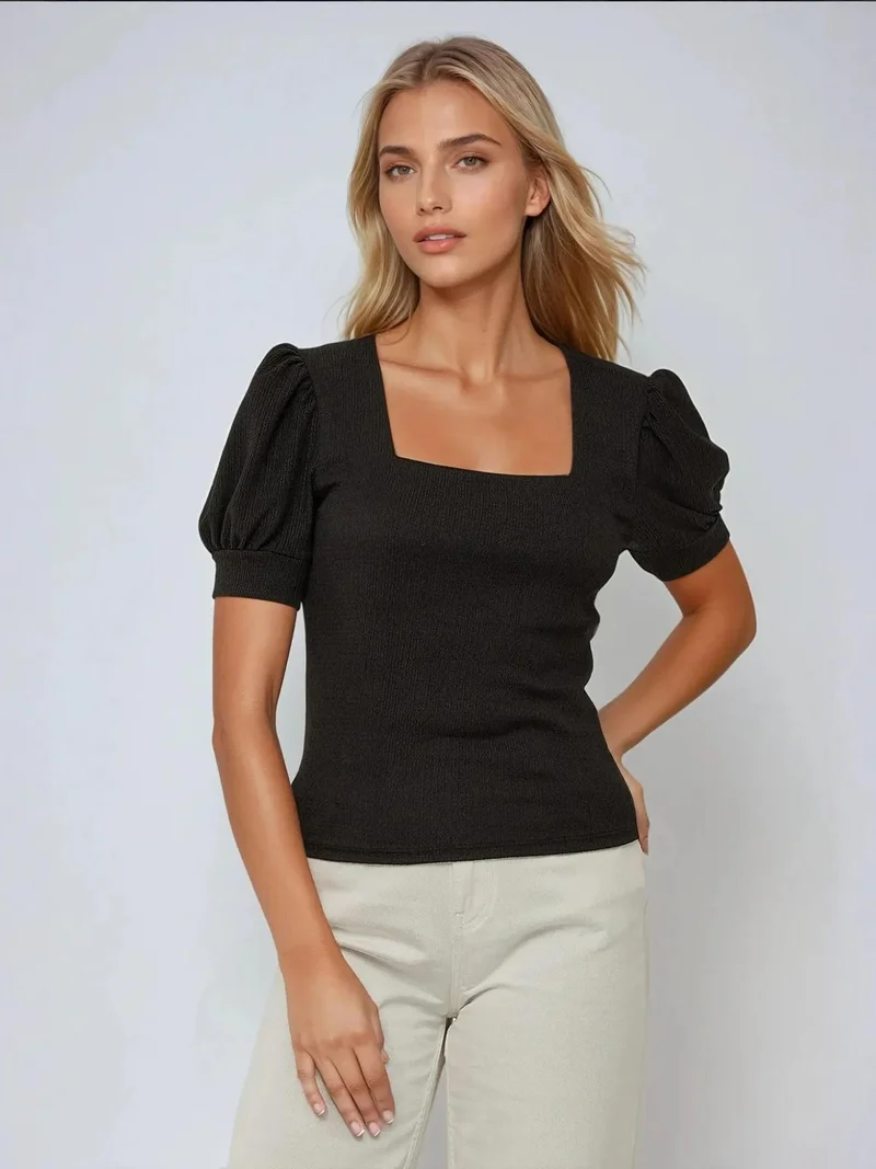 HICCUP Square Neck Textured Fitted Blouse