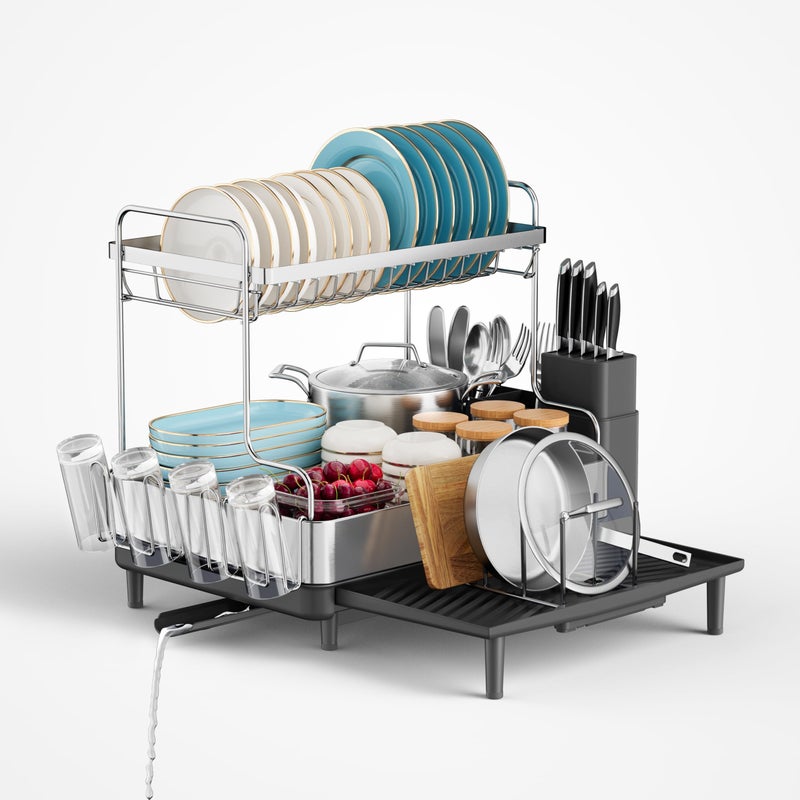 SUNLY 2 Tier Dish Drying Rack, Extra Large Dish Rack, Expandable Dish Racks for Kitchen Counter, Multifunctional Large Dish Drainers for Kitchen Counter, Black - Image 1