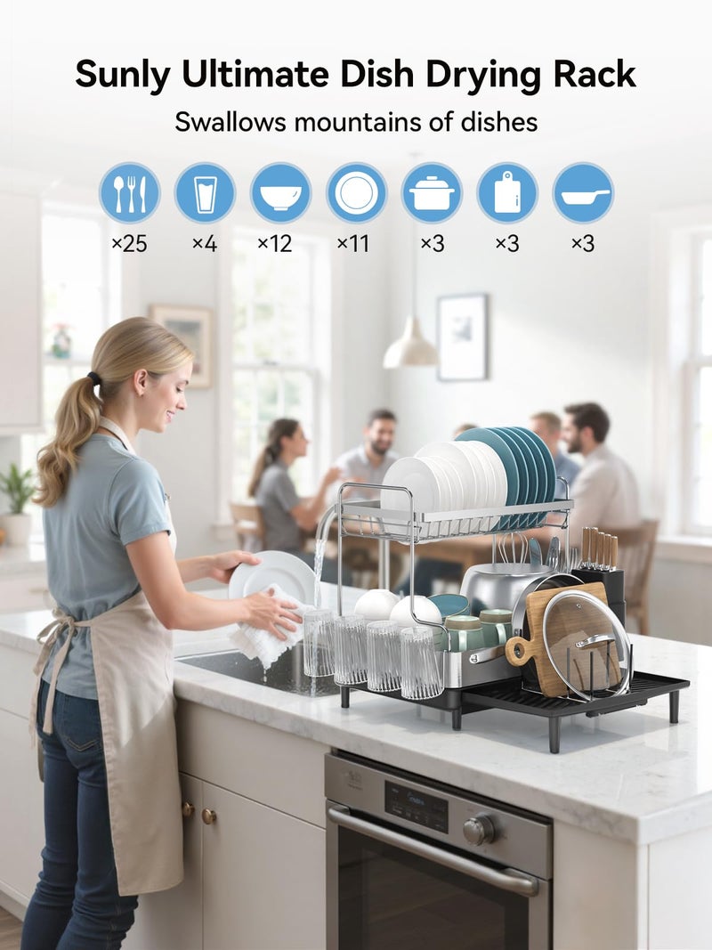 SUNLY 2 Tier Dish Drying Rack, Extra Large Dish Rack, Expandable Dish Racks for Kitchen Counter, Multifunctional Large Dish Drainers for Kitchen Counter, Black - Image 2