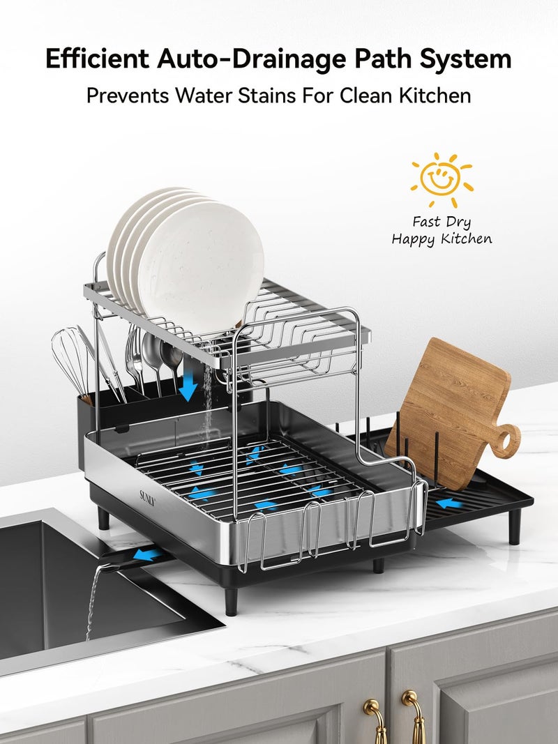 SUNLY 2 Tier Dish Drying Rack, Extra Large Dish Rack, Expandable Dish Racks for Kitchen Counter, Multifunctional Large Dish Drainers for Kitchen Counter, Black - Image 5
