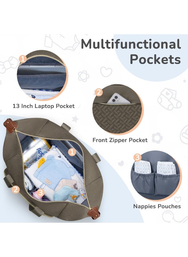 Tenot Diaper Bag Tote, Baby Bag Travel Diaper Tote Bag with Pacifier Case, Cute Maternity Hospital Baby Stylish Diaper Tote for Mom Dad Khaki - Image 3