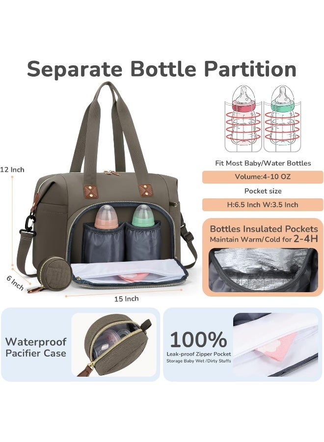 Tenot Diaper Bag Tote, Baby Bag Travel Diaper Tote Bag with Pacifier Case, Cute Maternity Hospital Baby Stylish Diaper Tote for Mom Dad Khaki - Image 2