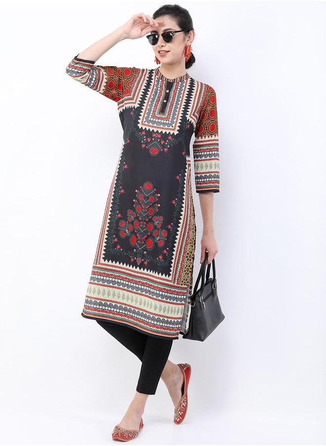 Vishudh Women Black Ethnic Motifs Printed Straight Kurta by Styli  - Image 1