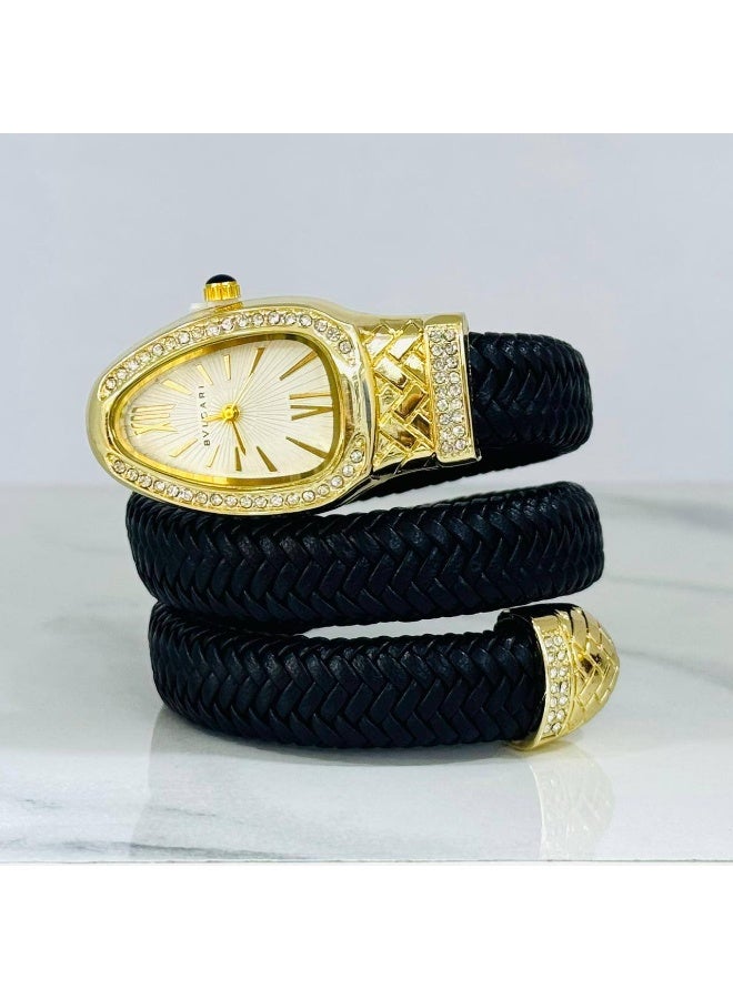 بولغاري ساعة يد حريمي فاخرة أنالوج – سوار حلزوني أسود بإطار مرصع بالفصوص