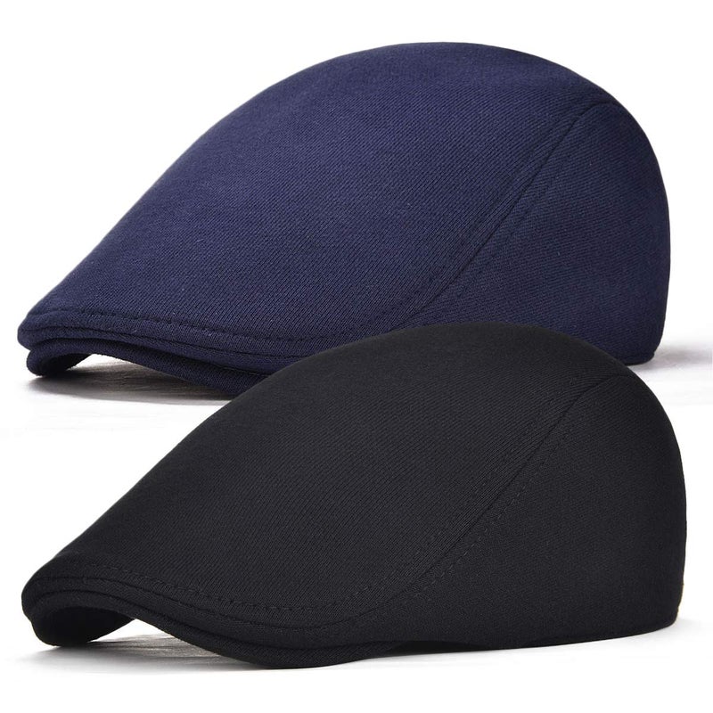 FEINION 2 Pack Men Cotton Newsboy Cap Soft Fit Cabbie Hat (Black/Navy) - Image 1