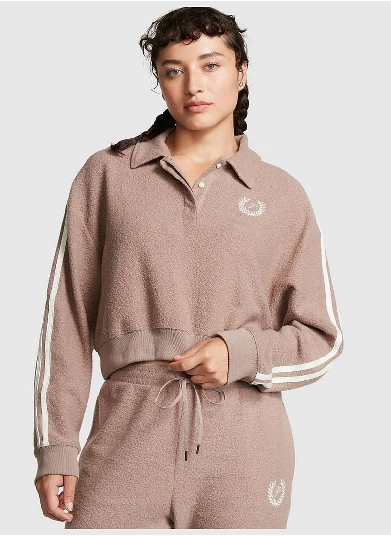 PINK Reverse Fleece Cropped Polo Sweatshirt