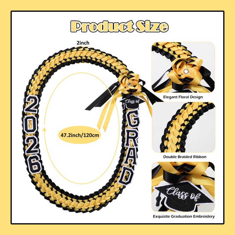 FtyFty Graduation Leis Class of 2025 2026 Grad Handmade Ribbon Lei Double Braided Ribbon Necklace with Grad Letters,47.2Inch (1, Gold and Black) - Image 4