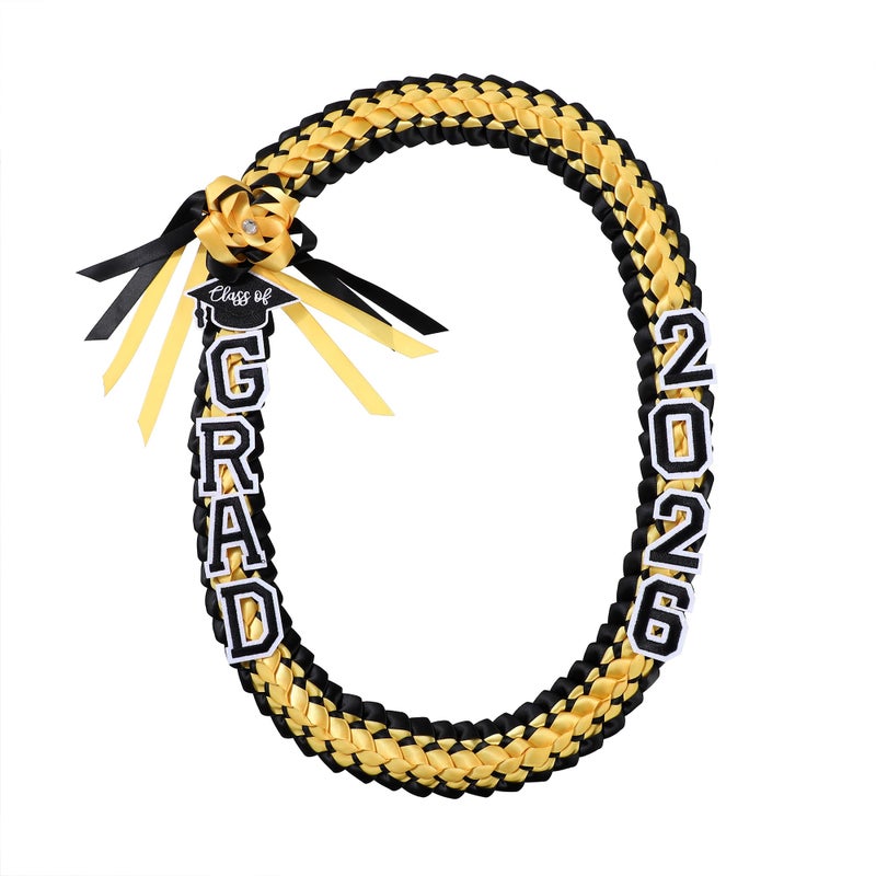 FtyFty Graduation Leis Class of 2025 2026 Grad Handmade Ribbon Lei Double Braided Ribbon Necklace with Grad Letters,47.2Inch (1, Gold and Black) - Image 1