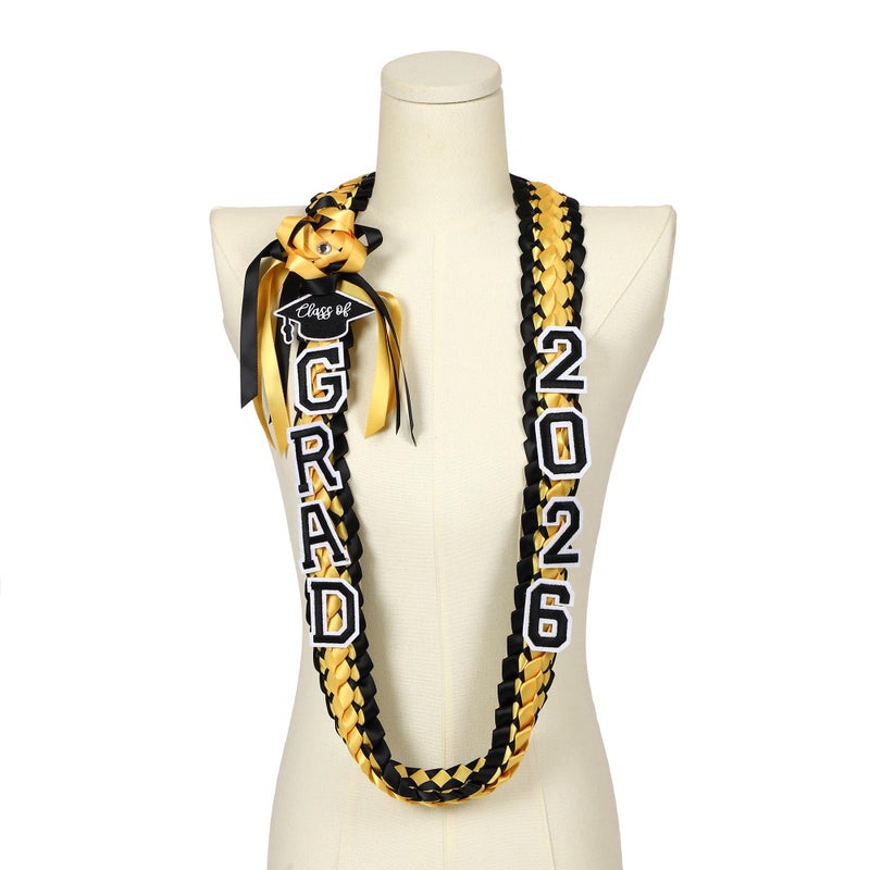 FtyFty Graduation Leis Class of 2025 2026 Grad Handmade Ribbon Lei Double Braided Ribbon Necklace with Grad Letters,47.2Inch (1, Gold and Black) - Image 2