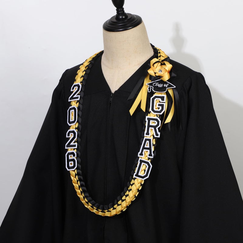 FtyFty Graduation Leis Class of 2025 2026 Grad Handmade Ribbon Lei Double Braided Ribbon Necklace with Grad Letters,47.2Inch (1, Gold and Black) - Image 3