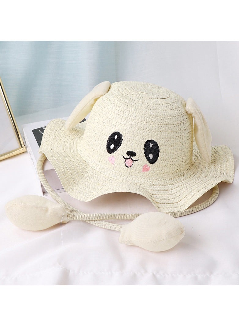 KUYING New Rabbit Ears Moving Straw Hat Children's Cute Wave Brim Fisherman Hat 