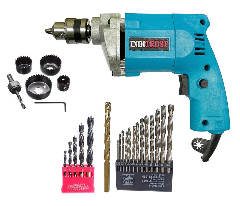 Inditrust 6 Months Warranty TIger 10mm Electric drill machine 350 W 6pc Hole saw 13pc HSS 5pc Wood drill bit 1pc masonry bit 100% Copper Winding - Image 1