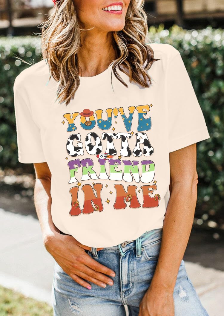 MYHALF You've Got A Friend in Me Shirt Women Funny Letter Print Friends Tops Cute Vacation Holiday Short Sleeve Graphic Tees Apricot - Image 4