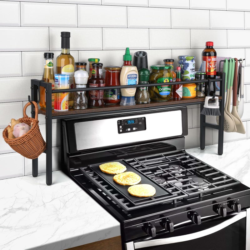 Meangood Spice Rack Shelf for Kitchen Stove Over the Stove Shelf with 4 Hooks Extra Storage Countertop Rustic Wood Solid Metal Commbined Stove Shelf for Storage Seasoning Easy to Assemble - Image 2