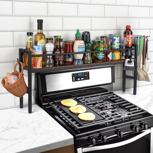 Meangood Spice Rack Shelf for Kitchen Stove Over the Stove Shelf with 4 Hooks Extra Storage Countertop Rustic Wood Solid Metal Commbined Stove Shelf for Storage Seasoning Easy to Assemble - Image 1