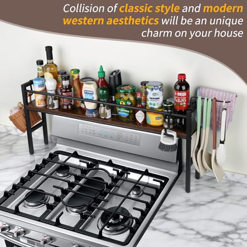 Meangood Spice Rack Shelf for Kitchen Stove Over the Stove Shelf with 4 Hooks Extra Storage Countertop Rustic Wood Solid Metal Commbined Stove Shelf for Storage Seasoning Easy to Assemble - Image 3