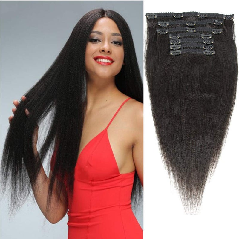 Light Yaki Straight Human Hair Clip In Hair Extensions for Black Women Brazilian Virgin Hair Coarse Yaki Clip Ins Thick Natural Italian Yaki Straight Clip On Hair Extension 7 Pcs 120gset 16