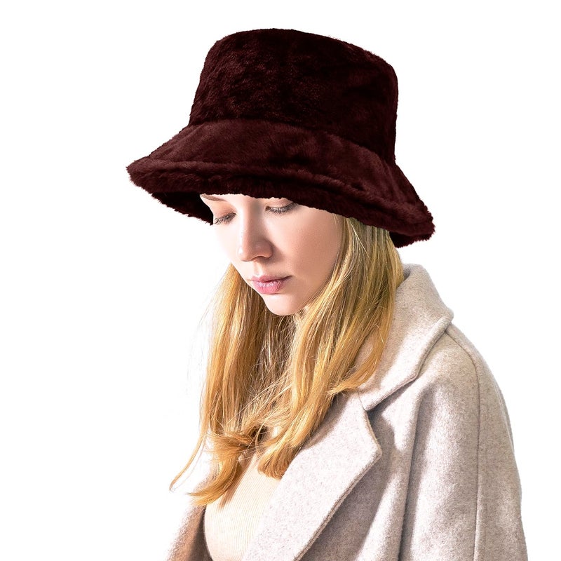 TZ Promise Women Plush Fluffy Bucket Hat Warm Lining Winter Faux Fur Cozy Wide Brim Winter (Burgundy) - Image 2