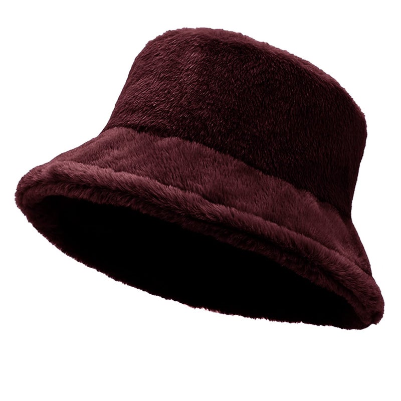 TZ Promise Women Plush Fluffy Bucket Hat Warm Lining Winter Faux Fur Cozy Wide Brim Winter (Burgundy) - Image 1