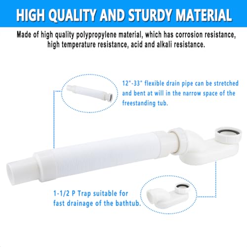Cinsda Bathtub Shower Drain Pipe, Low Profile Flat 1 1/2 P Trap Kit Flexible Freestanding Tub Drain for Bath - Image 4
