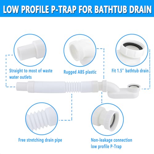 Cinsda Bathtub Shower Drain Pipe, Low Profile Flat 1 1/2 P Trap Kit Flexible Freestanding Tub Drain for Bath - Image 3