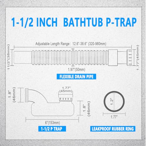 Cinsda Bathtub Shower Drain Pipe, Low Profile Flat 1 1/2 P Trap Kit Flexible Freestanding Tub Drain for Bath - Image 2