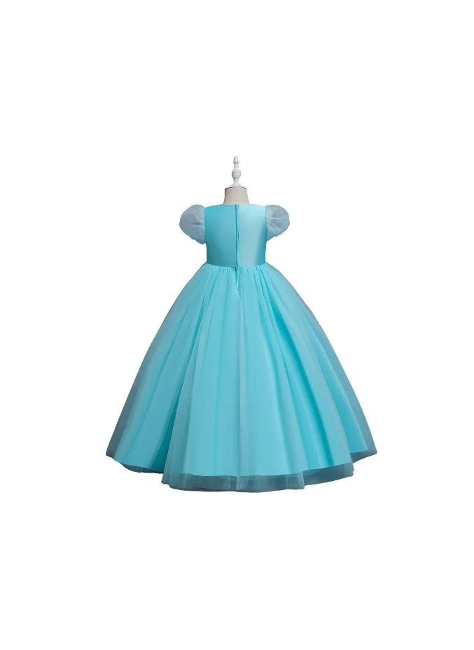دىدانيالا D' Daniela - Girls Puffy Tulle Dresses Pageant Party Prom Ball Gown Short Sleeve Princess Maxi Dress Party Blue