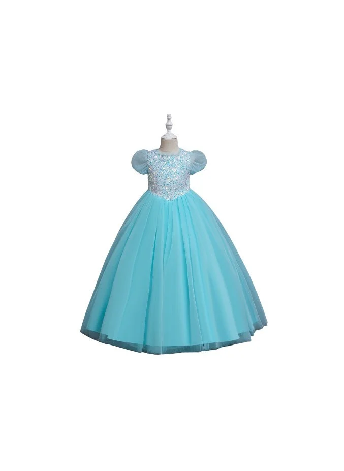 دىدانيالا D' Daniela - Girls Puffy Tulle Dresses Pageant Party Prom Ball Gown Short Sleeve Princess Maxi Dress Party Blue