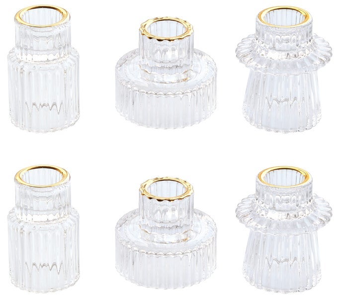TAPER GLASS CANDLESTICK HOLDERS TEALIGHT CANDLE HOLDERS FOR TABLE CENTERPIECES WEDDING DECOR AND DINNER PARTY 6 PCS GOLD RIM CLEAR