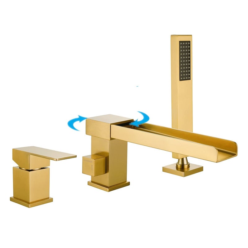 Artbath Waterfall Roman Tub Faucet with Hand Shower Brass Bathtub Faucet Deck Mount Tub Filler Faucets with Sprayer Brushed Gold