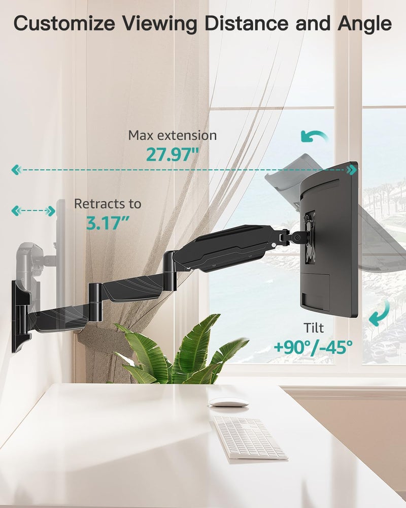 MOUNT PRO Monitor Wall Mount for 13 to 32 inch Computer Screen, Extra Long Adjustable Single Wall Mount Monitor Arm, Full Motion Vesa Wall Bracket 100x100, Hold up to 17.6lbs, Black - Image 4