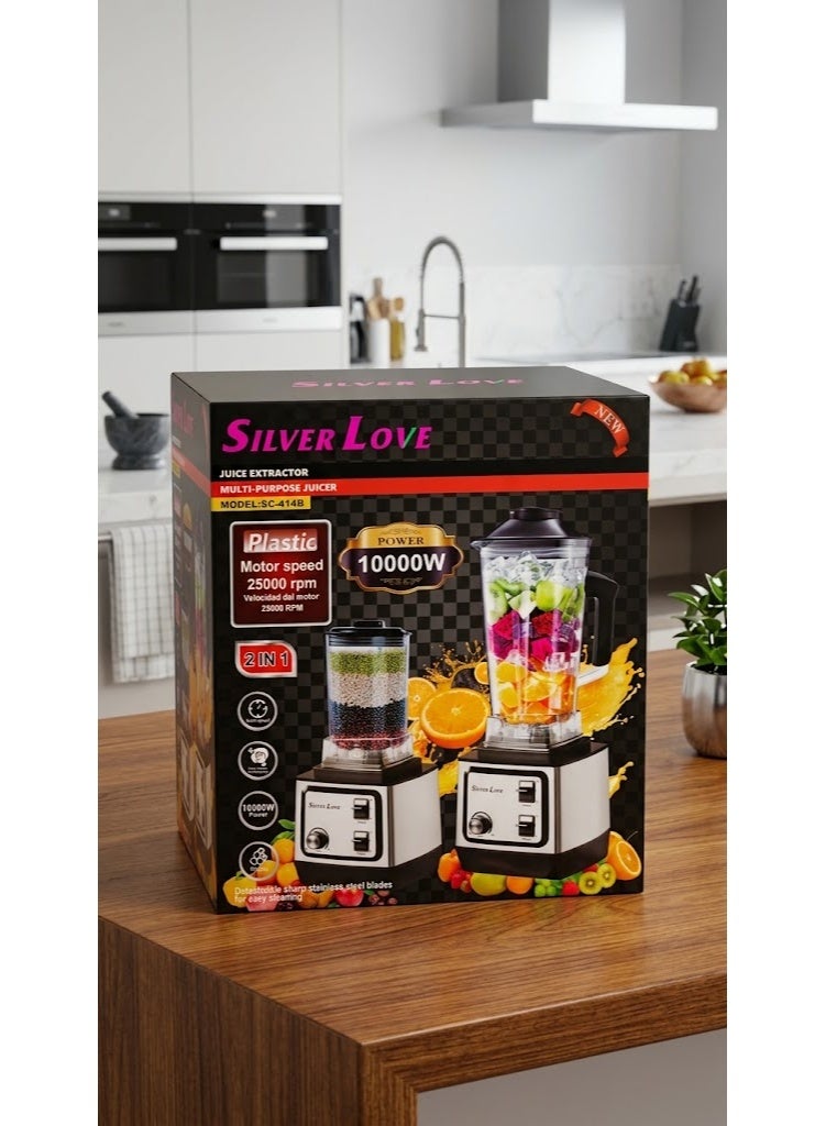 فضة الحب خلاط كهربائي ومطحنة استنالس من  سيلفر لوف (Silver Love) 2 في 1 بقوة 10000 واط وسرعة 25000 دورة/دقيقة مع دورق ضد الكسر وشفرات استانلس ستيل - موديل SC-414B - لون فضي مع أسود - Image 1