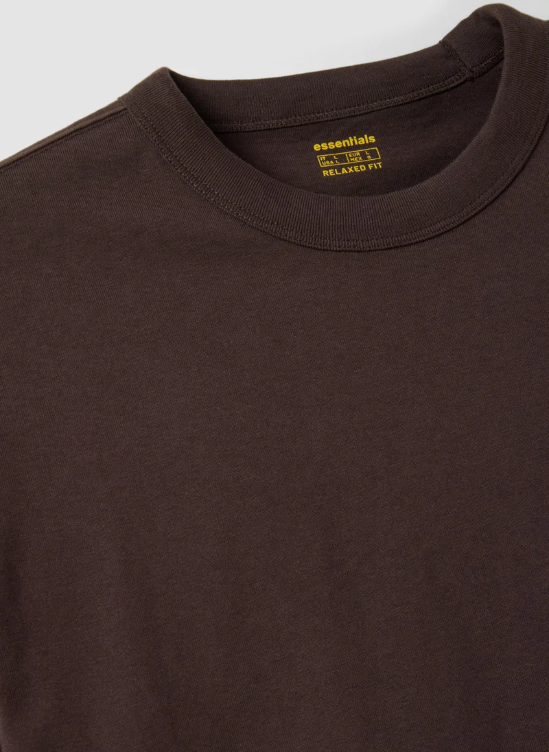 او في اس OVS Brown Pure Cotton Crew-Neck T-Shirt, Relaxed Fit