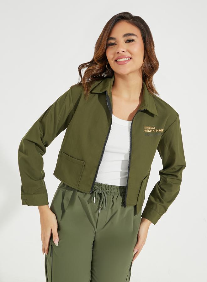 Styli Asymmetric Pocket Zip-Up Crop Shirt  - Image 1