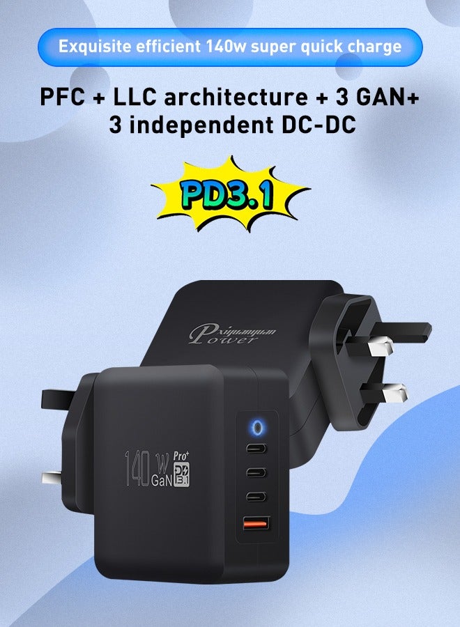 PD3.1 -140W USB C Charger 3-Port GaN Laptop Charger Type C Travel Wall Charger for MacBook Pro/Air, DELL, HP, iPad Pro, iPhone 15 Pro Max, Galaxy S24 Ultra, Steam Deck,Chromebook