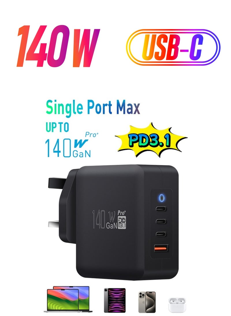 PD3.1 -140W USB C Charger 3-Port GaN Laptop Charger Type C Travel Wall Charger for MacBook Pro/Air, DELL, HP, iPad Pro, iPhone 15 Pro Max, Galaxy S24 Ultra, Steam Deck,Chromebook