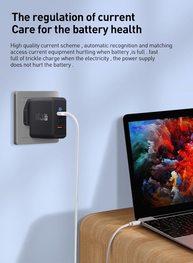 PD3.1 -140W USB C Charger 3-Port GaN Laptop Charger Type C Travel Wall Charger for MacBook Pro/Air, DELL, HP, iPad Pro, iPhone 15 Pro Max, Galaxy S24 Ultra, Steam Deck,Chromebook