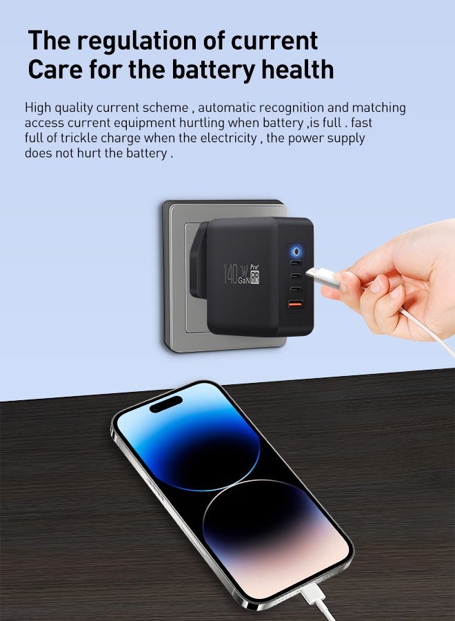 PD3.1 -140W USB C Charger 3-Port GaN Laptop Charger Type C Travel Wall Charger for MacBook Pro/Air, DELL, HP, iPad Pro, iPhone 15 Pro Max, Galaxy S24 Ultra, Steam Deck,Chromebook