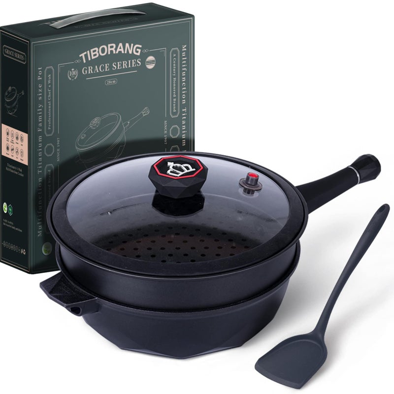 TIBORANG 8 in 1 Multipurpose 11 Inch 5 Quart Heat Indicator Nonstick Deep Frying Pan with Glass Lid Staycool Handle Steamed Grid PFOAFreeDishwasherOven SafeWorks with All Stovetops Black