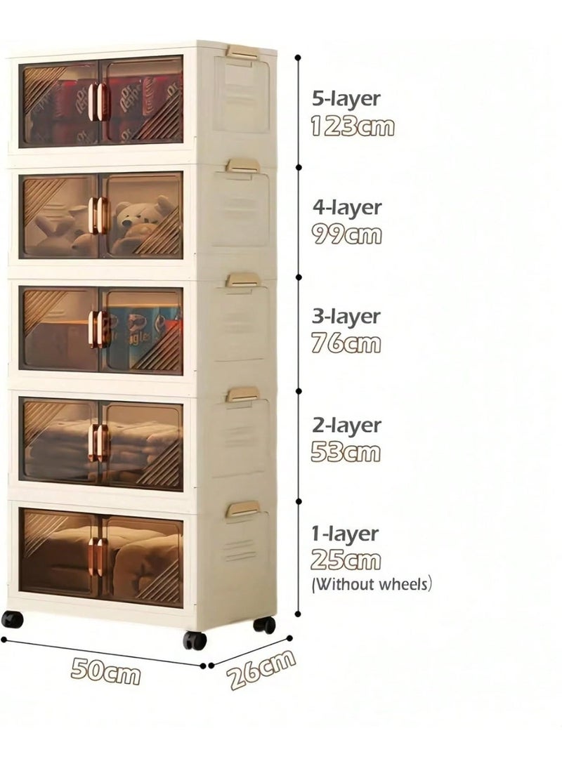 خزانة ملابس قابلة للطي، منظم ملابس قائم بذاته 5 طبقات بعجلات، أبيض - Image 3