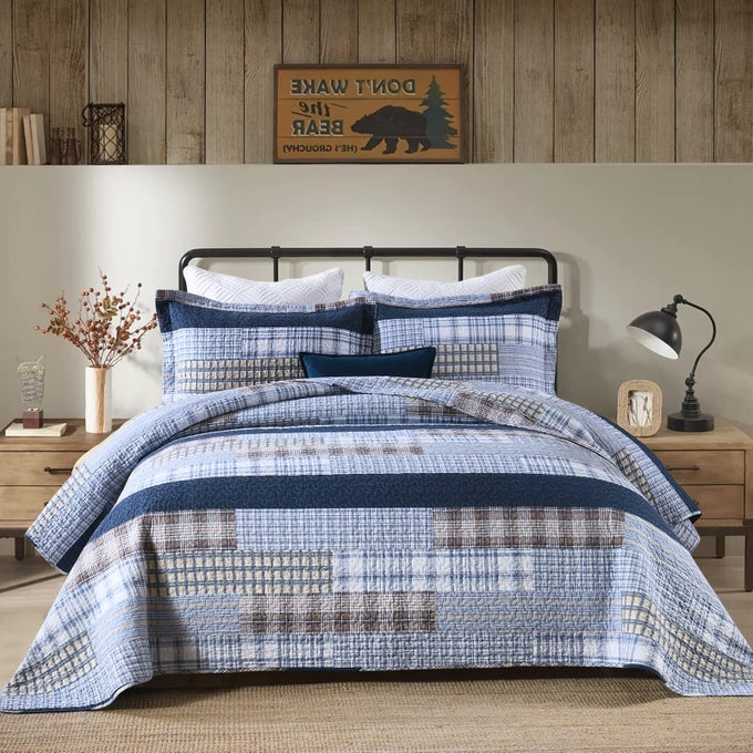 QUILT KING SIZE 100 COTTON KING QUILT SETS RUSTIC COZY PATCHWORK PLAID KING SIZE QUILT BEDDING SET BLUE BROWN BEIGE LIGHTWEIGHT RUSTIC FARMHOUSE REVERSIBLE BEDSPREADS FOR ALL SEASONS