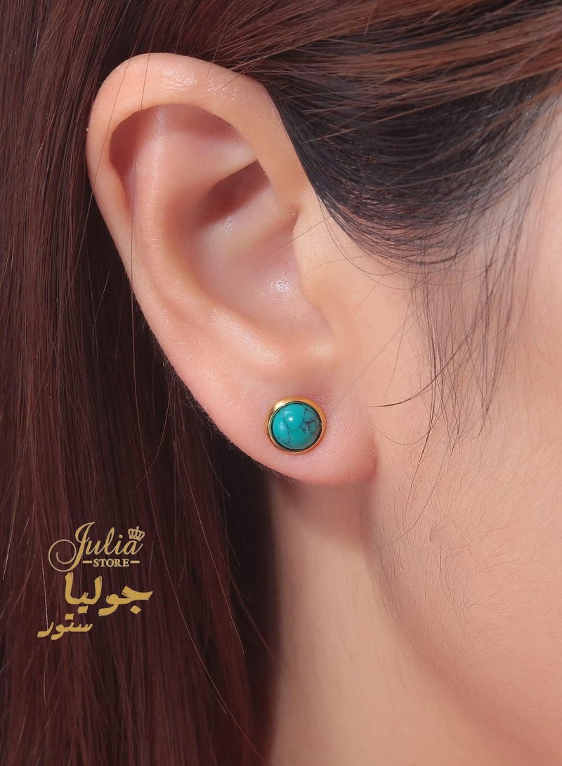 جوليا ستور أقراط مرصعة بالذهب عيار 18 قيراطًا من الفولاذ المقاوم للصدأ 316L بسيطة وبسيطة من الفيروز أقراط مرصعة بأقراط يومية مع ظهر لولبي - Image 2