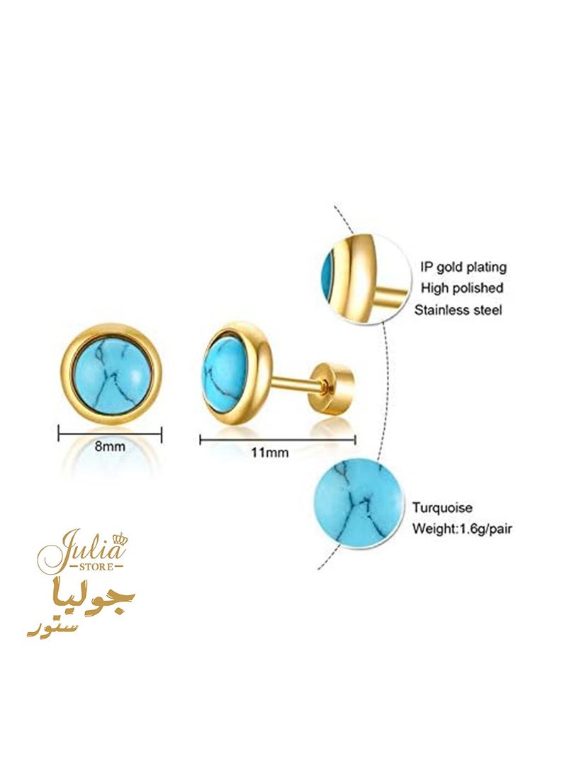 جوليا ستور أقراط مرصعة بالذهب عيار 18 قيراطًا من الفولاذ المقاوم للصدأ 316L بسيطة وبسيطة من الفيروز أقراط مرصعة بأقراط يومية مع ظهر لولبي - Image 5