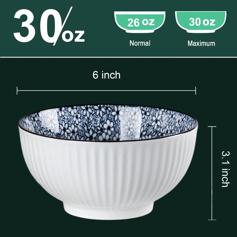 QINLANG 6 Inch Blue and White Porcelain 30 oz Bowls Set of 6 for Soup Cereal desserts ice cream and Rice  Floral Pattern - Image 2