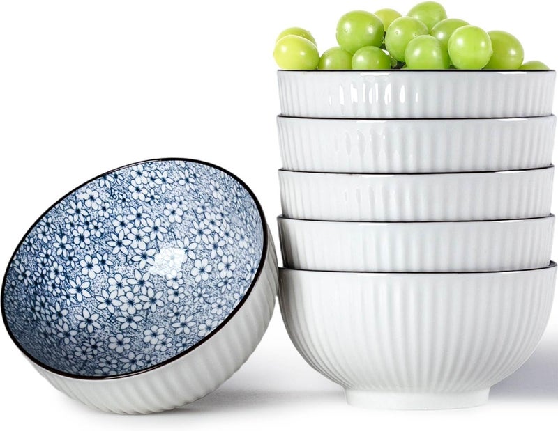 QINLANG 6 Inch Blue and White Porcelain 30 oz Bowls Set of 6 for Soup Cereal desserts ice cream and Rice  Floral Pattern - Image 1