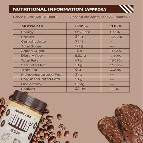 BeastLife Crunchy Coffee Peanut Butter | 24.5 G Protein | 800 gm | 100% Peanuts, High Protein | Zero Palm Oil | Non‑GMO Nut Butter | Fitness-Friendly Spread | Zero Cholesterol - Image 4
