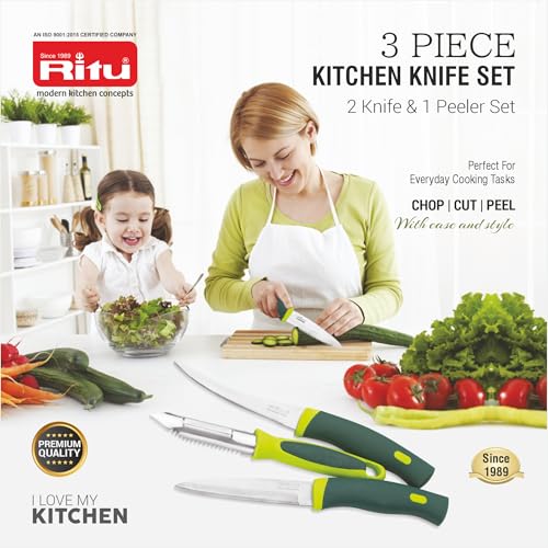 RITU Stainless Steel Kitchen Knife and Peeler Set of 3 Combo | for Daily Use | Sharp Blades Multipurpose Peeling Cutting Tool | Rust -Resistant Durable Blades | Green Ergonomic Handle - Image 5