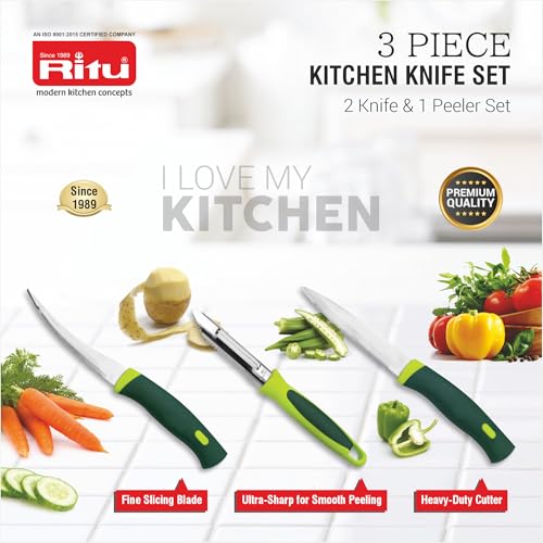 RITU Stainless Steel Kitchen Knife and Peeler Set of 3 Combo | for Daily Use | Sharp Blades Multipurpose Peeling Cutting Tool | Rust -Resistant Durable Blades | Green Ergonomic Handle - Image 3